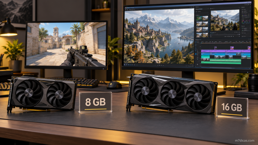 Ilustração comparativa de placas de vídeo com 8 GB e 16 GB de VRAM em diferentes usos