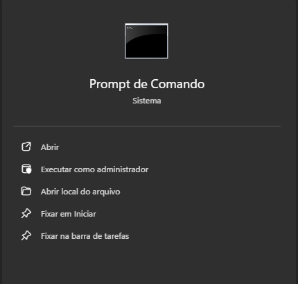 Executando o Prompt de Comando como administrador no menu Iniciar do Windows