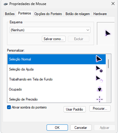 Demonstração do pacote de cursores Nova Neon Purple para Windows
