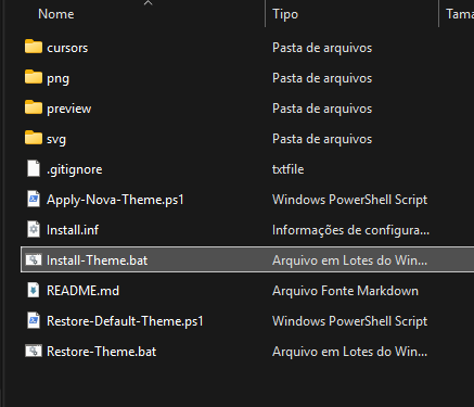 Arquivos extraídos do pacote Nova Neon Purple com o instalador Install-Theme.bat