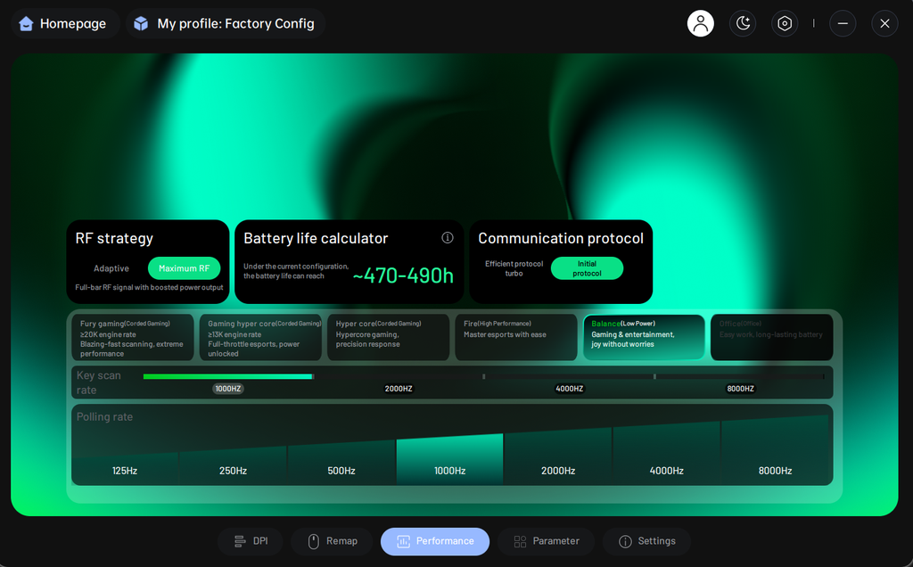 Configuração de perfil econômico em 1.000 Hz no software do Rapoo VT3 Max Gen 2