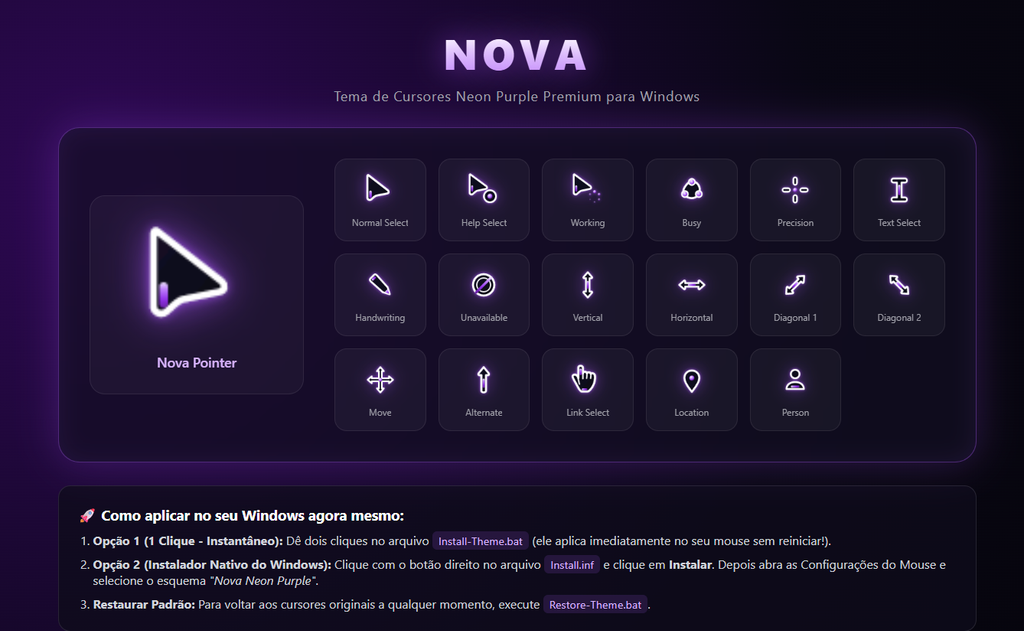 Página interativa de pré-visualização dos cursores Nova Neon Purple no navegador