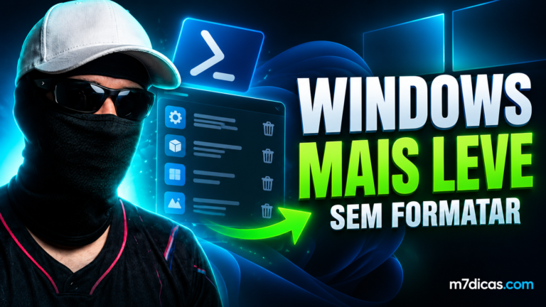 M7 ao lado de símbolos de limpeza do Windows e PowerShell, com o texto Windows mais leve sem formatar.