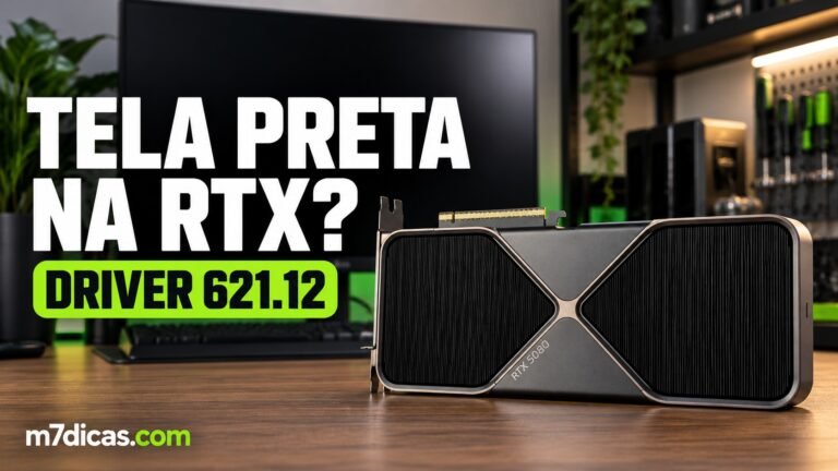 Composição editorial com RTX 5080 e monitor de tela preta sobre o driver NVIDIA 621.12