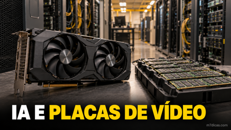 Imagem editorial ilustrativa de placa de vídeo e módulos de memória diante de racks de servidores