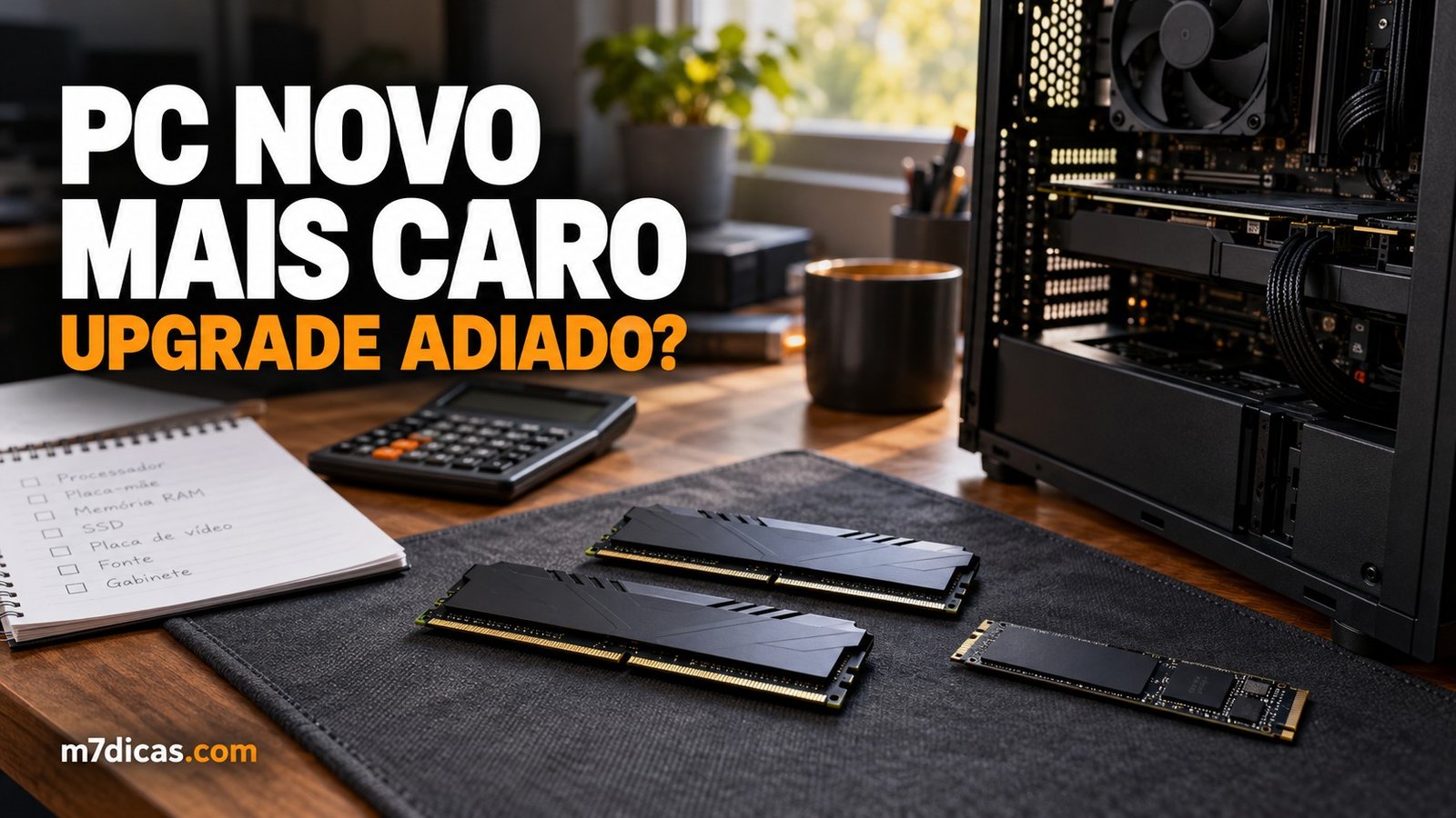 Composição editorial realista com computador, módulos de memória, SSD e calculadora