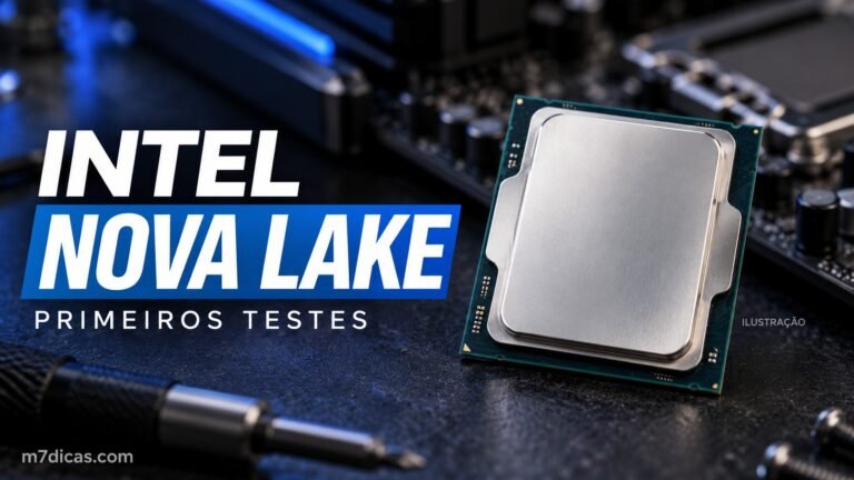 Ilustração de processador Intel sem identificação comercial sobre testes preliminares do Nova Lake