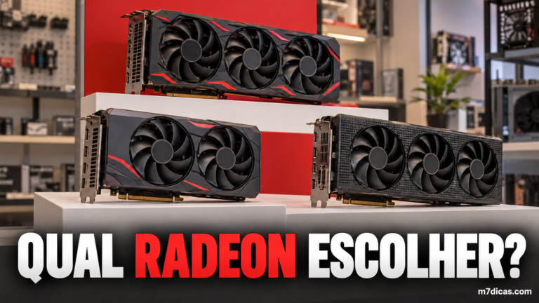 Imagem editorial ilustrativa de três placas de vídeo em prateleiras para representar alternativas Radeon
