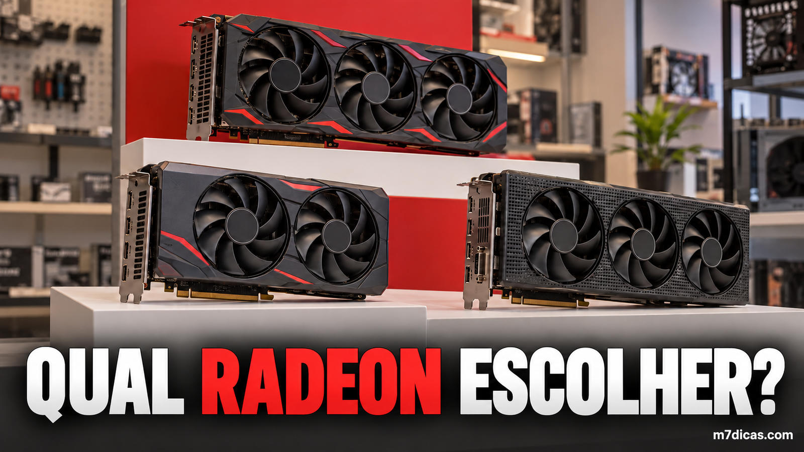 Imagem editorial ilustrativa de três placas de vídeo em prateleiras para representar alternativas Radeon
