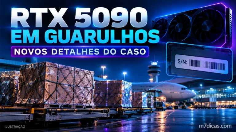 Ilustração de caixas de carga em um terminal e uma placa de vídeo, com o texto RTX 5090 em Guarulhos: novos detalhes do caso.