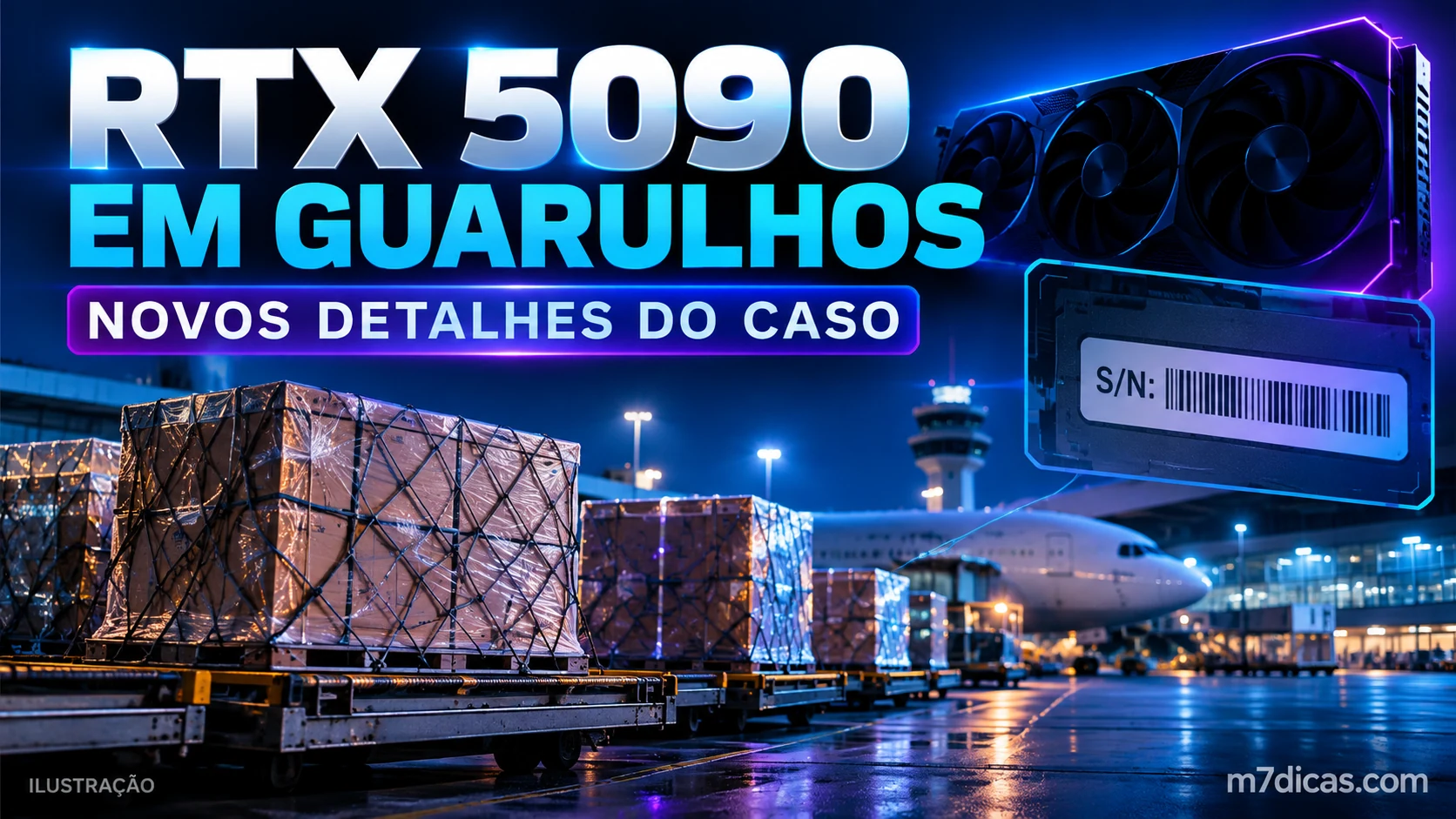 Ilustração de caixas de carga em um terminal e uma placa de vídeo, com o texto RTX 5090 em Guarulhos: novos detalhes do caso.