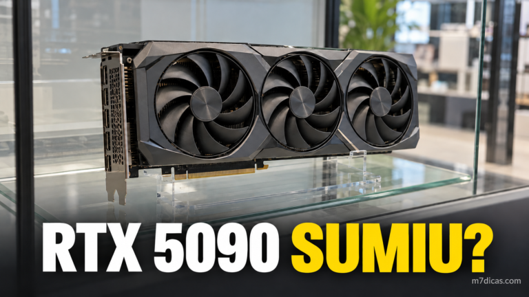 Imagem editorial ilustrativa de uma placa de vídeo e da dúvida sobre a disponibilidade da RTX 5090