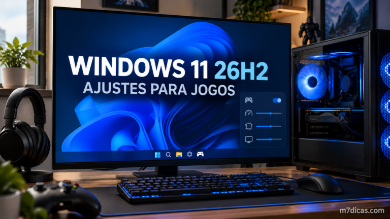 Imagem editorial ilustrativa de um PC com Windows 11 26H2 e ajustes para jogos