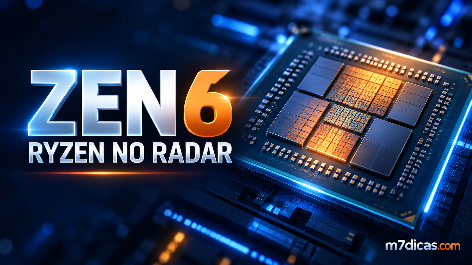 Ilustração editorial de um processador sobre Zen 6 e os próximos Ryzen